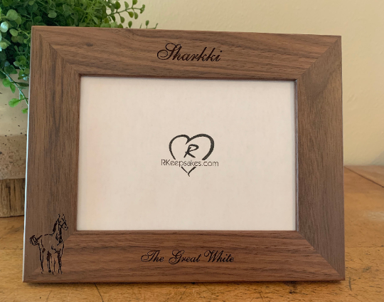 Personalized Horse Picture Frame with custom text and horse line drawing image engraved, walnut
