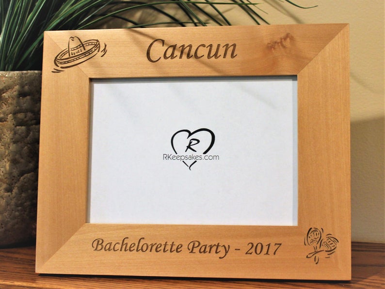 Personalized Cancun Picture Frame with custom text and engraved sombrero and maracas, different font