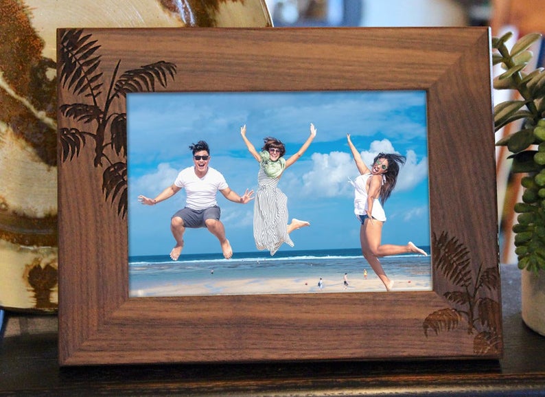 Personalized Vacation Picture Frame with palm tree leaves engraved in walnut wood