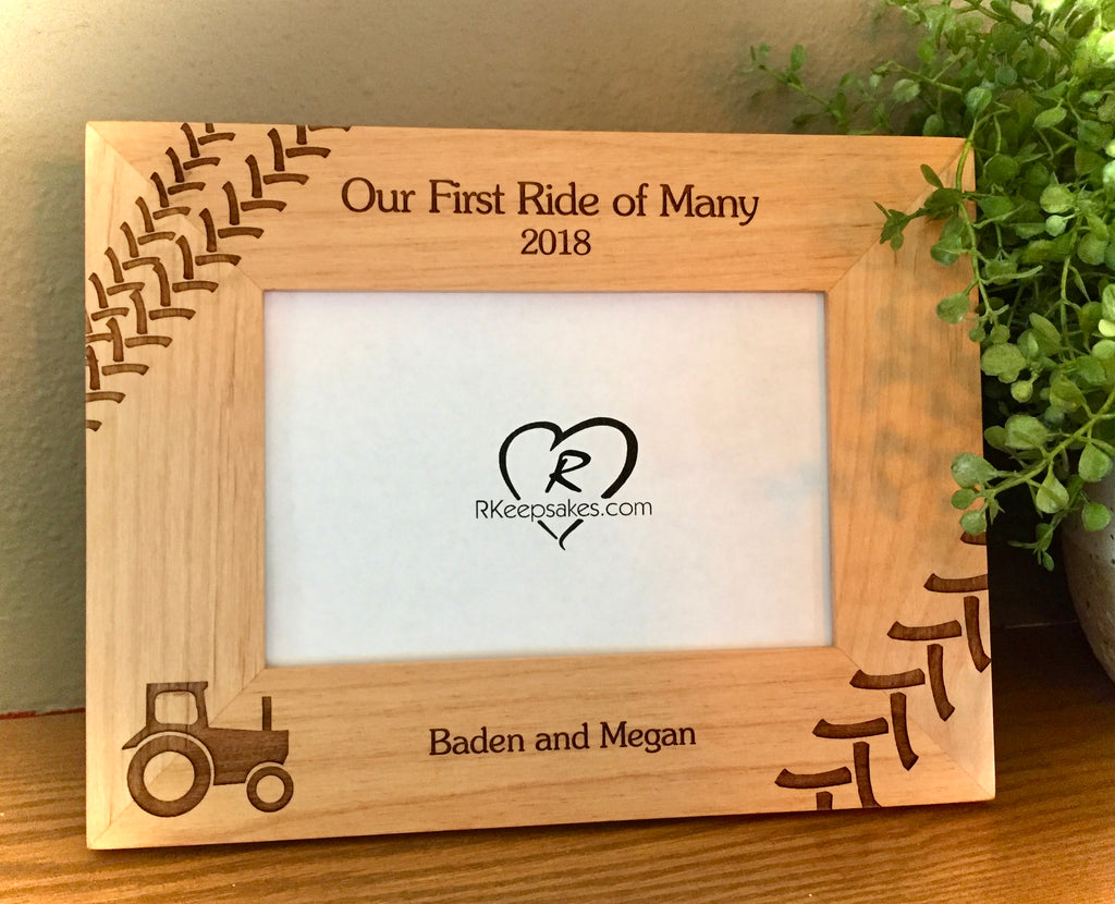 Personalized Tractor Picture Frame with Custom Text, tractor tracks and tractor image engraved in alder wood