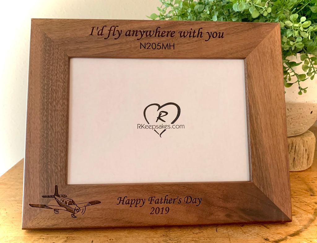 Personalized low wing walnut picture frame with custom text and low wing airplane image engraved