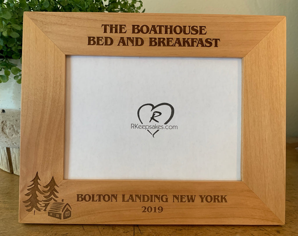 Personalized cabin picture frame with custom text and cabin image engraved