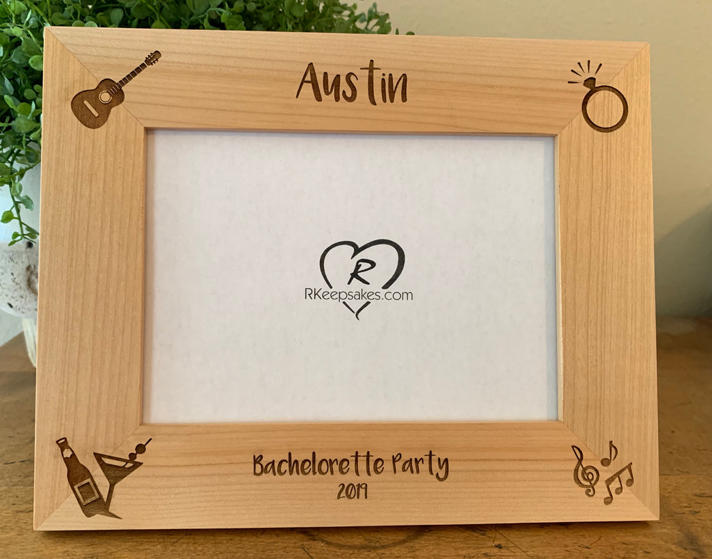 Personalized bachelorette picture frame in alder with custom text and guitar, music, drink and ring images engraved