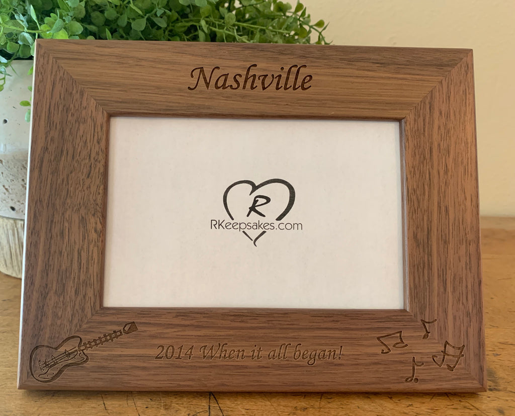 Guitar picture frame with custom text and guitar image engraved, in walnut wood