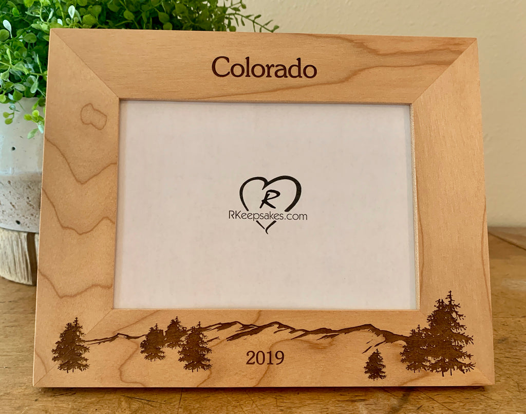 Mountain and Trees Picture frame with custom text and mountain scene engraved, in alder