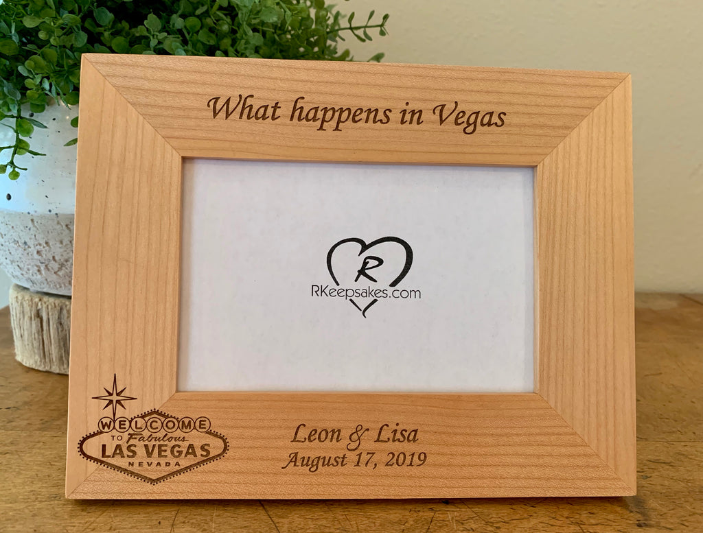 Personalized Las Vegas Picture Frame with custom text and Las Vegas sign engraved, in alder