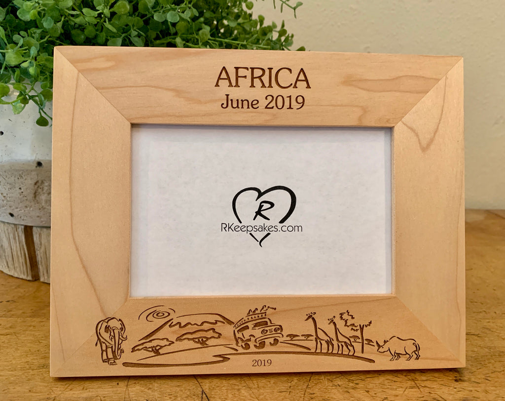 Custom Africa picture frame with personalized text engraved at the top and African safari scene engraved at the bottom