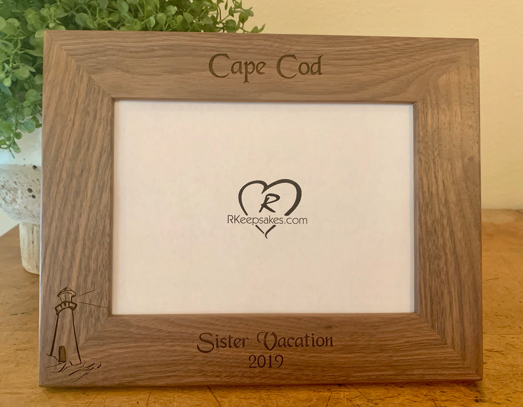Lighthouse Picture Frame with Custom Text and lighthouse image engraved, in walnut