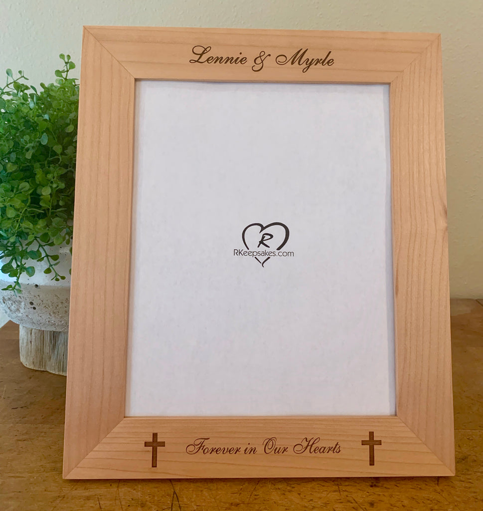Cross picture frame with custom text and two small crosses engraved
