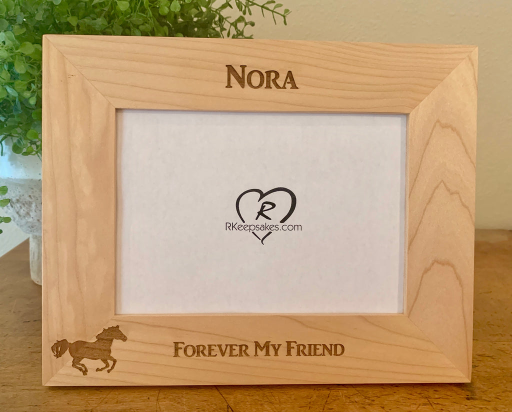 Personalized Horse picture frame with custom text and horse silhouette engraved, alder frame
