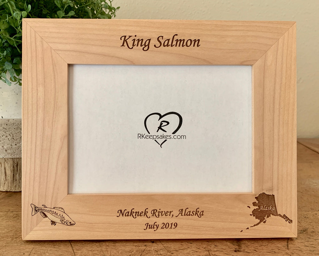 Personalized Alaska Salmon Picture Frame with custom text, salmon and silhouette of Alaska engraved, in alder