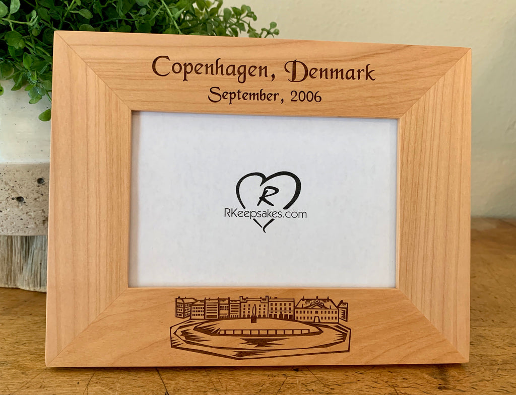 Copenhagen Denmark picture frame with custom, personalized text, image of Tivoli Gardens engraved