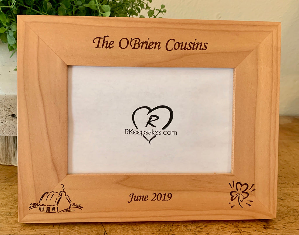 Personalized Ireland Picture Frame with custom text, image of cottage and shamrock engraved