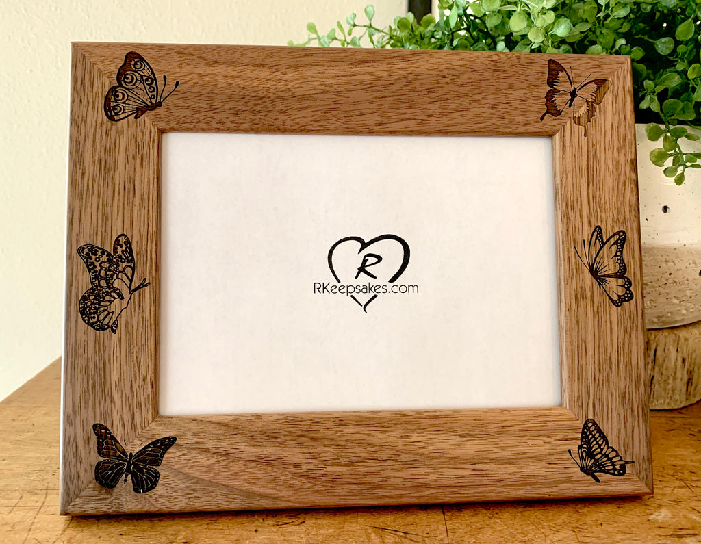 Custom Butterfly picture frame with engraved butterflies images, in walnut