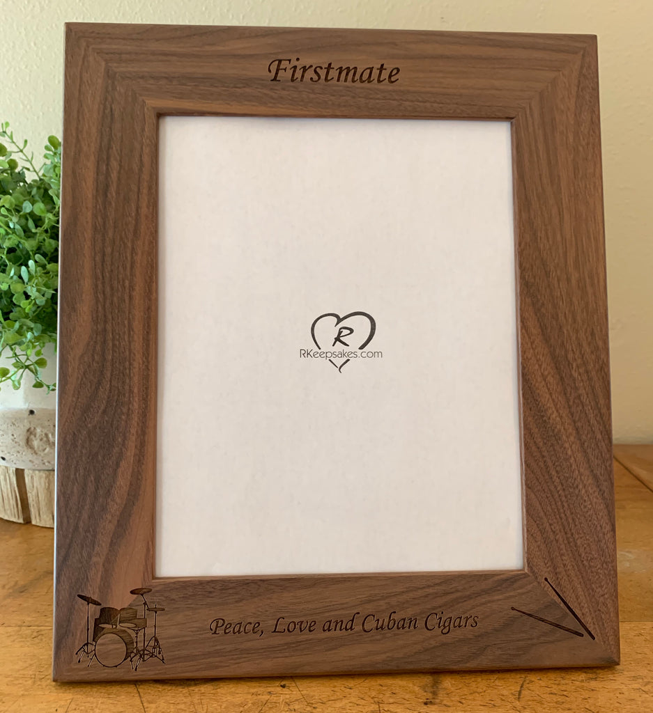 Drum picture frame with custom text, drum set and drumstick images engraved