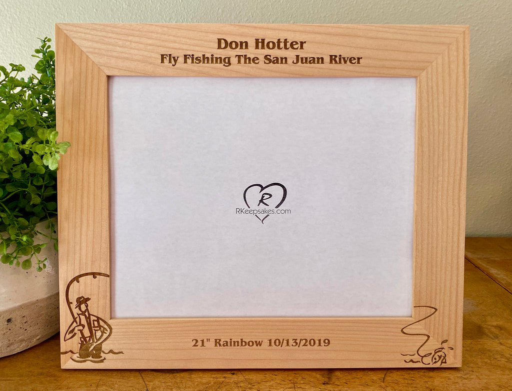 Fly Fishing picture frame with custom text and fly fisherman image engraved