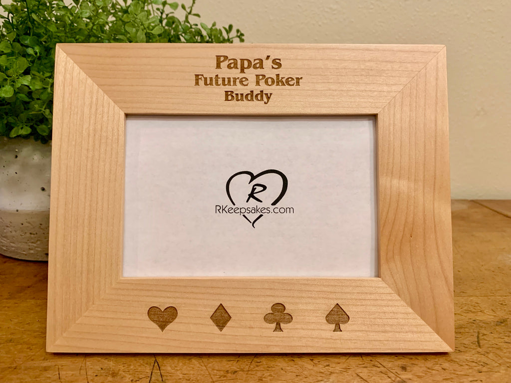 Personalized Poker Picture Frame with custom text and card suits engraved in alder wood