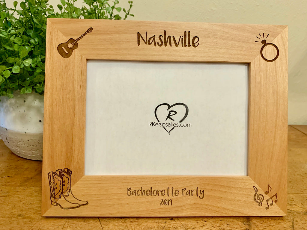 Custom Nashville Picture Frame with guitar, ring, cowboy boots and music images engraved, in alder