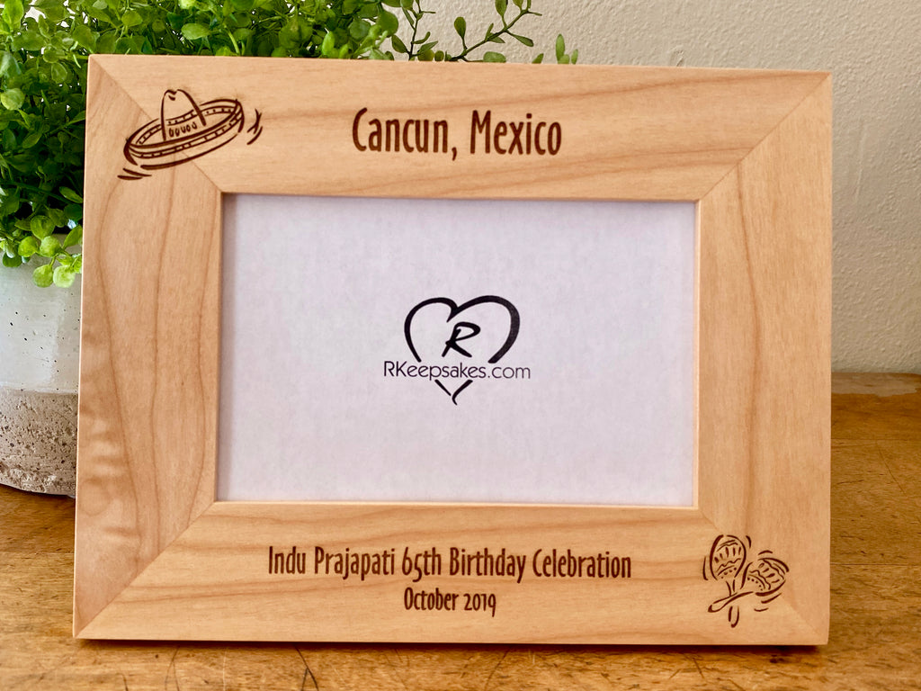 Personalized Cancun Picture Frame with custom text and engraved sombrero and maracas