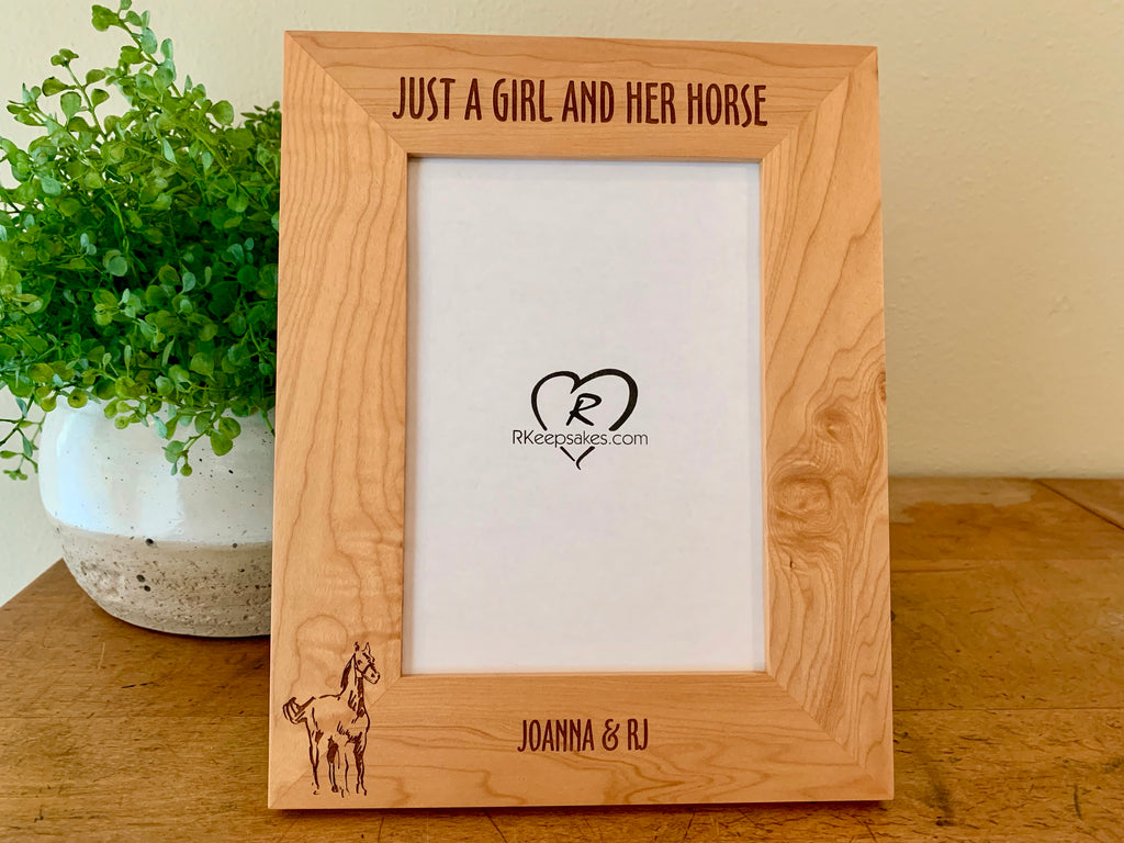 Personalized Horse Picture Frame with custom text and horse line drawing image engraved, alder