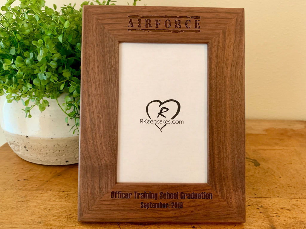 Personalized Air Force walnut picture frame with custom text