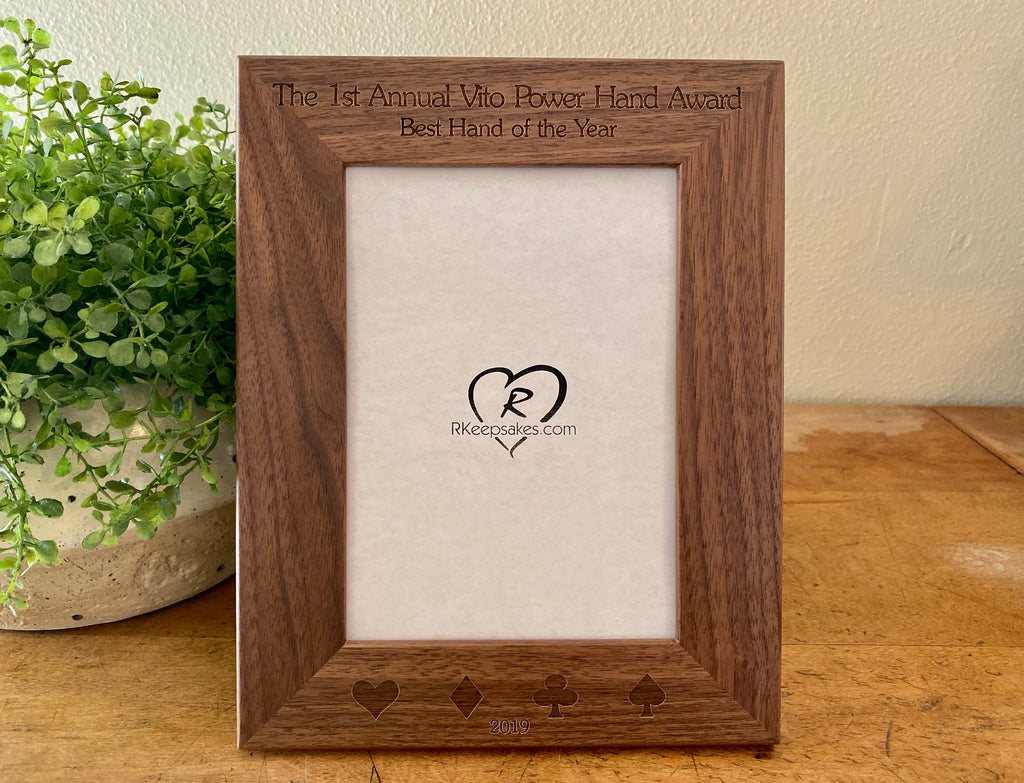 Personalized Poker Picture Frame with custom text and card suits engraved in walnut