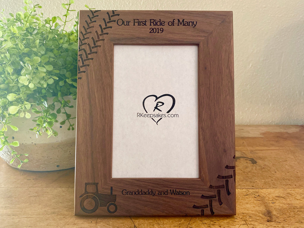 Personalized Tractor Picture Frame with Custom Text, tractor tracks and tractor image engraved in walnut wood