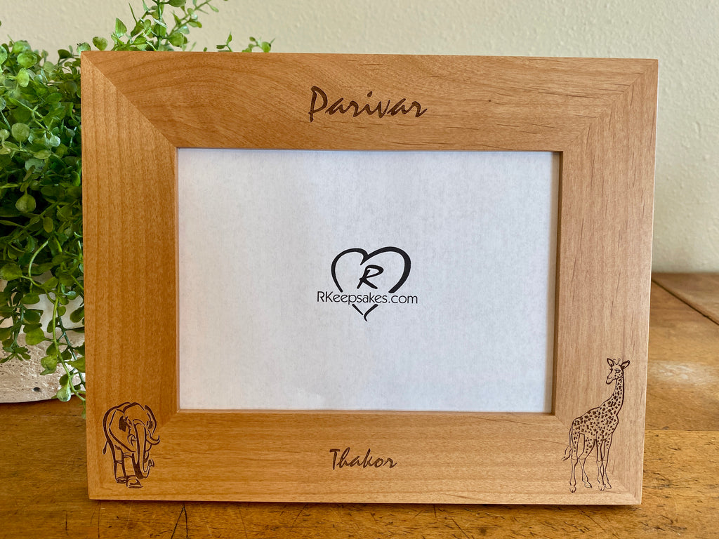 Personalized Giraffe and Elephant picture frame with custom text, elephant and giraffe images engraved