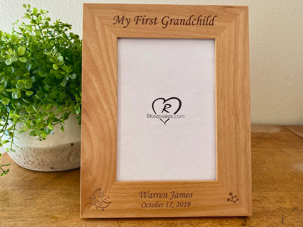 Personalized Baby Frame with custom text, Moon and stars engraved at bottom