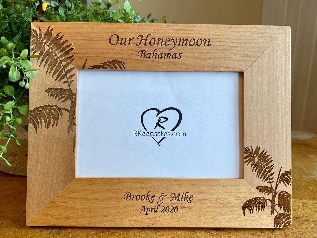 Personalized Vacation Picture Frame with custom text and palm leaves engraved in alder wood