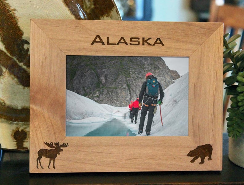Moose and Bear Picture frame with custom text and images engraved, in alder