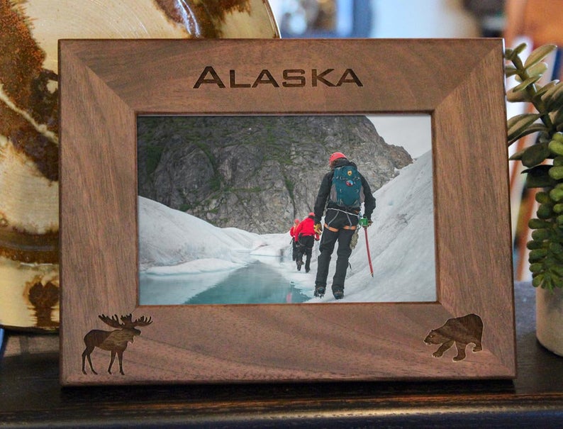 Moose and Bear Picture frame with custom text and images engraved, in walnut