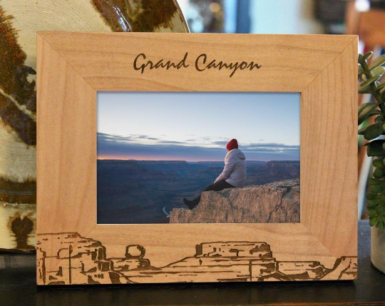 Grand Canyon picture frame with custom text engraved, in alder wood
