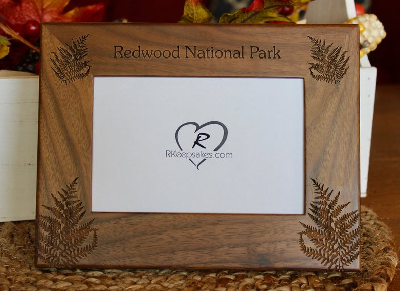 Redwood National Park Picture Frame with Custom Text and redwood leaves engraved