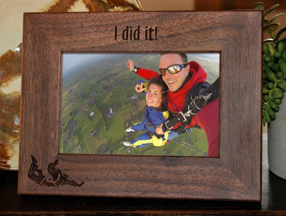 Personalized Skydiving Picture Frame with custom text and skydiver image engraved, in walnut