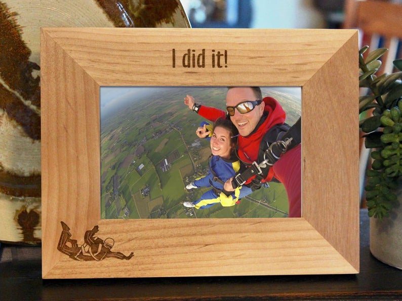 Personalized Skydiving Picture Frame with custom text and skydiver image engraved, in alder