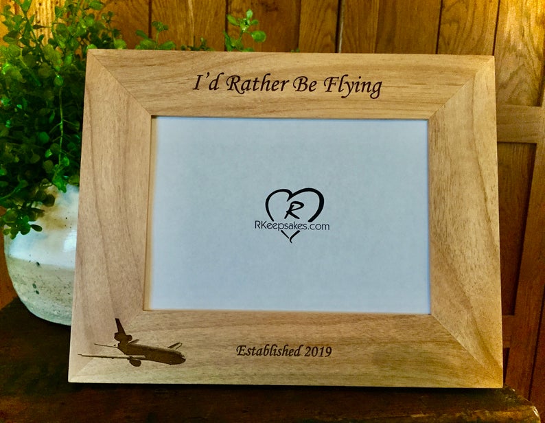 Commercial Pilot Aviator Picture frame with custom engraving and commercial jet image engraved, alder