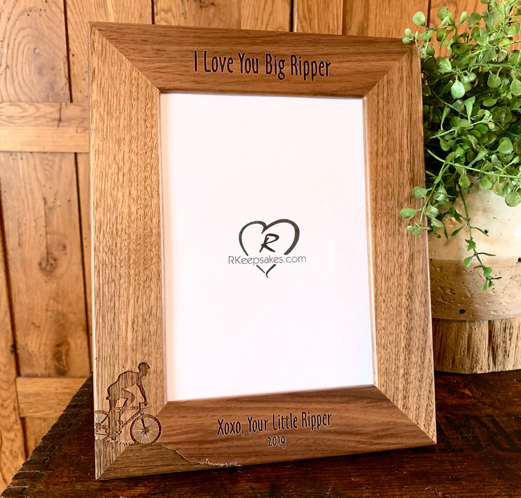 Personalized Mountain Biking Picture Frame with custom text and mountain biking image engraved, in walnut