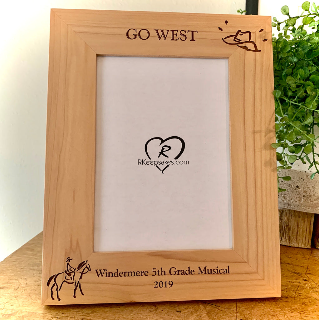 Personalized Western Picture Frame with custom text, horse and cowboy hat images engraved