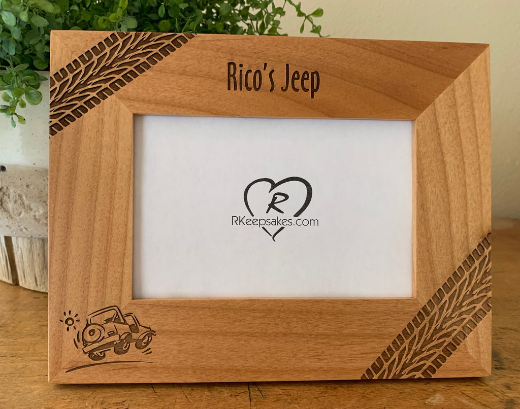Personalized Jeep Picture frame with custom text, tire tracks and jeep image engraved, in alder