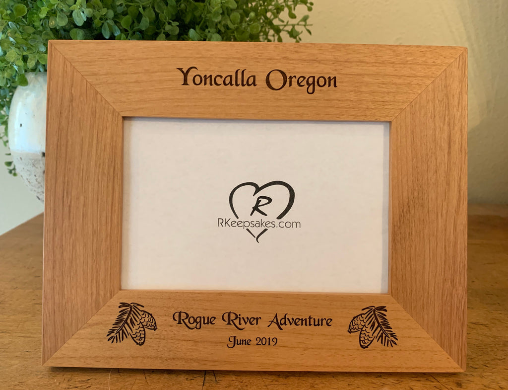 Pinecone Picture Frame with Custom Text and pinecone images engraved in alder