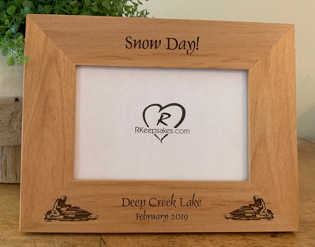 Personalized Snowmobile Picture Frame with custom text and snowmobile images engraved at the bottom