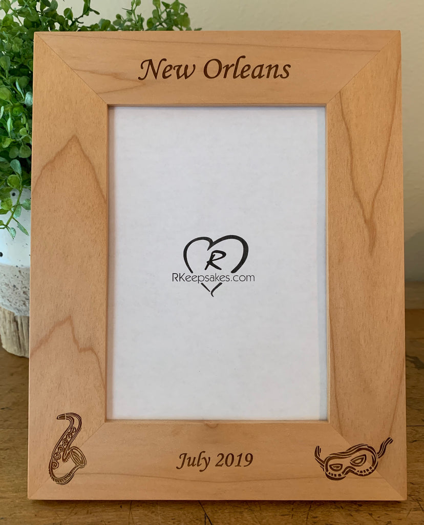 Custom New Orleans Picture Frame, with custom text, saxophone and Mardi Gras mask engraved