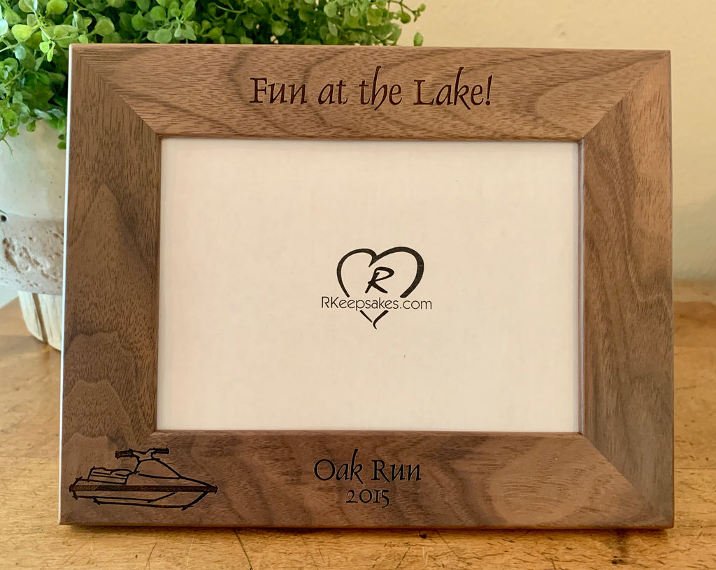 Jet Ski picture frame with custom text and jet ski image engraved, in walnut