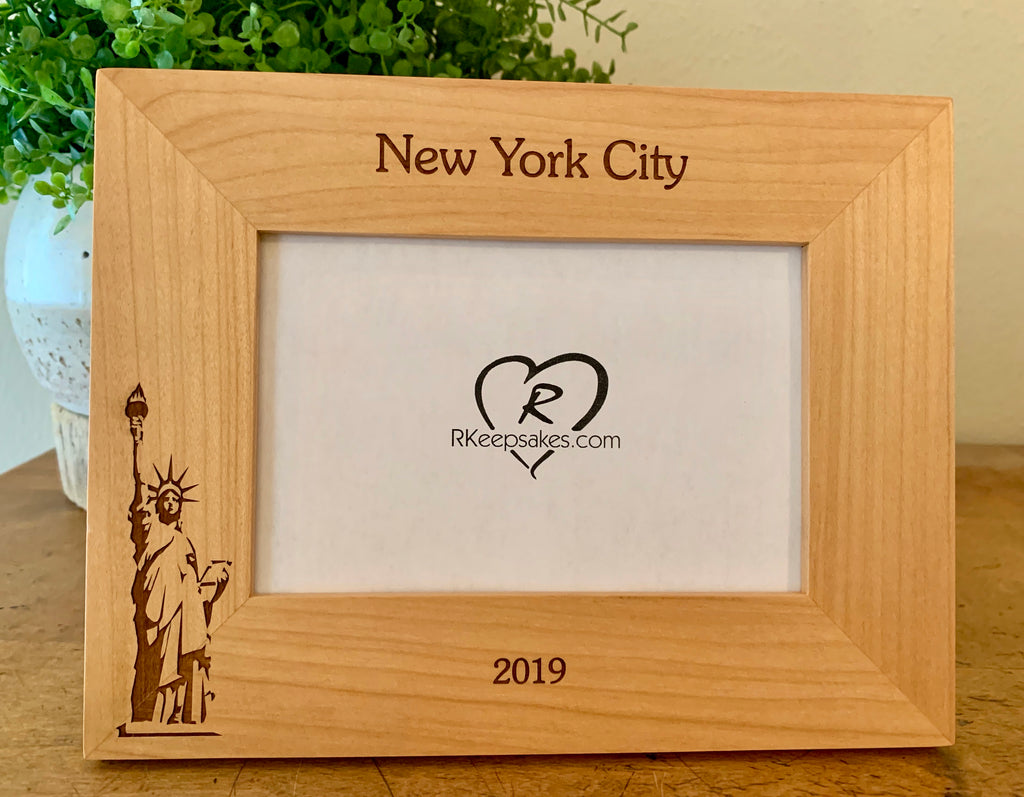 Personalized New York City Statue of Liberty Picture Frame with Custom Text and Statue of Liberty image engraved, in alder