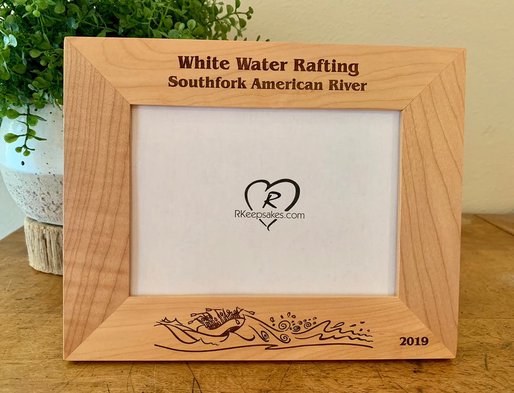 Personalized White Water Rafting Picture Frame with custom text and whitewater scene engraved in alder wood