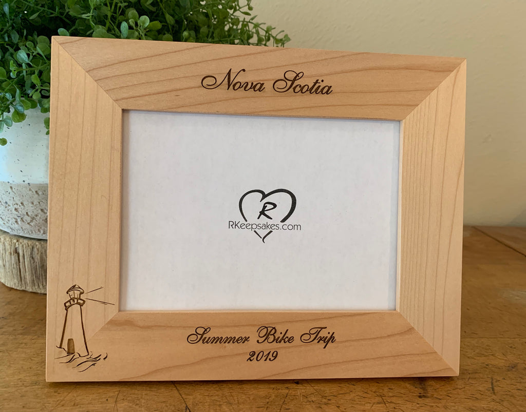 Lighthouse Picture Frame with Custom Text and lighthouse image engraved, in alder