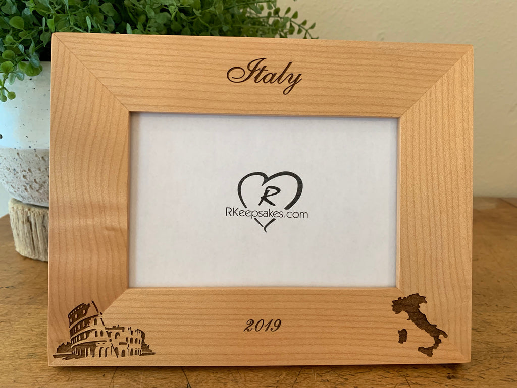 Personalized Italy Picture Frame with Custom Text, Roman Colosseum and Italy Boot engraved, in alder
