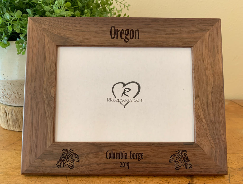 Pinecone Picture Frame with Custom Text and pinecone images engraved in walnut