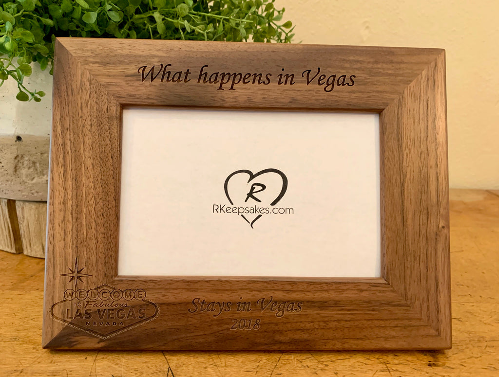 Personalized Las Vegas Picture Frame with custom text and Las Vegas sign engraved, in walnut